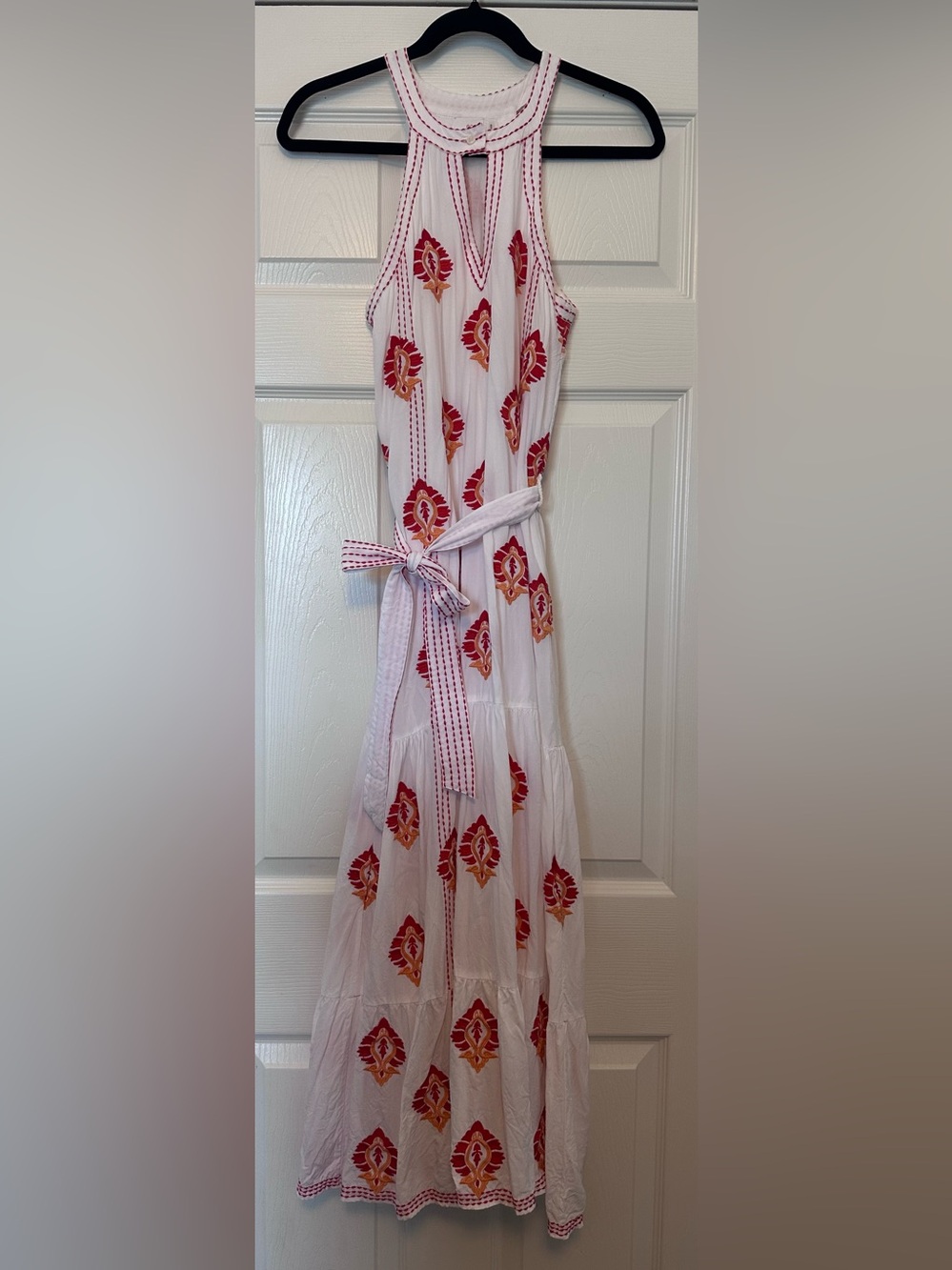 Stunning ecru BOHO White Maxi Dress with Red and Orange Embroidery - Size XS